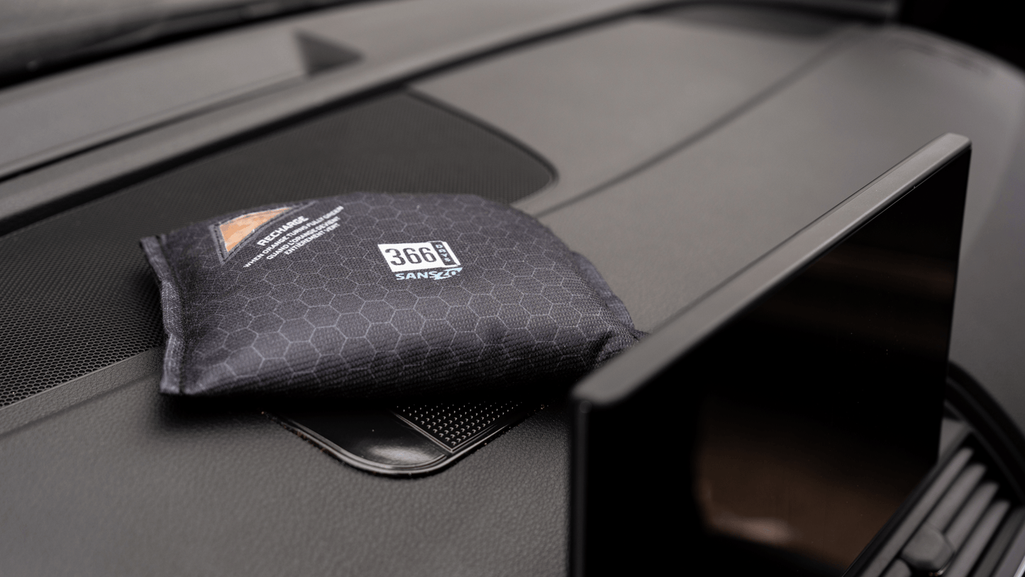 Car moisture absorbing bag placed on dashboard with anti-slip pad